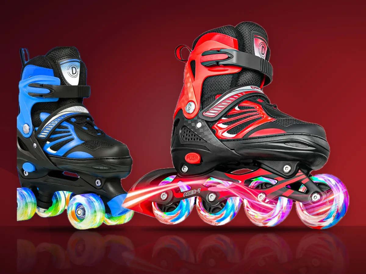Role pentru copii Elindor in linie rosii si role quad albastre cu roti luminoase