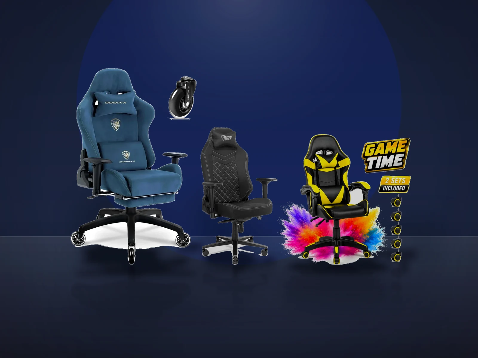 Trei scaune de gaming: Dowinx albastru cu suport de picioare, Dr.Shield negru XXL si KD Home galben