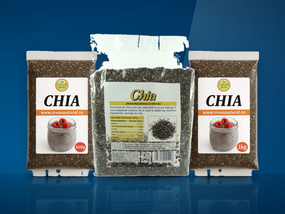 Trei pungi de seminte de chia de dimensiuni diferite