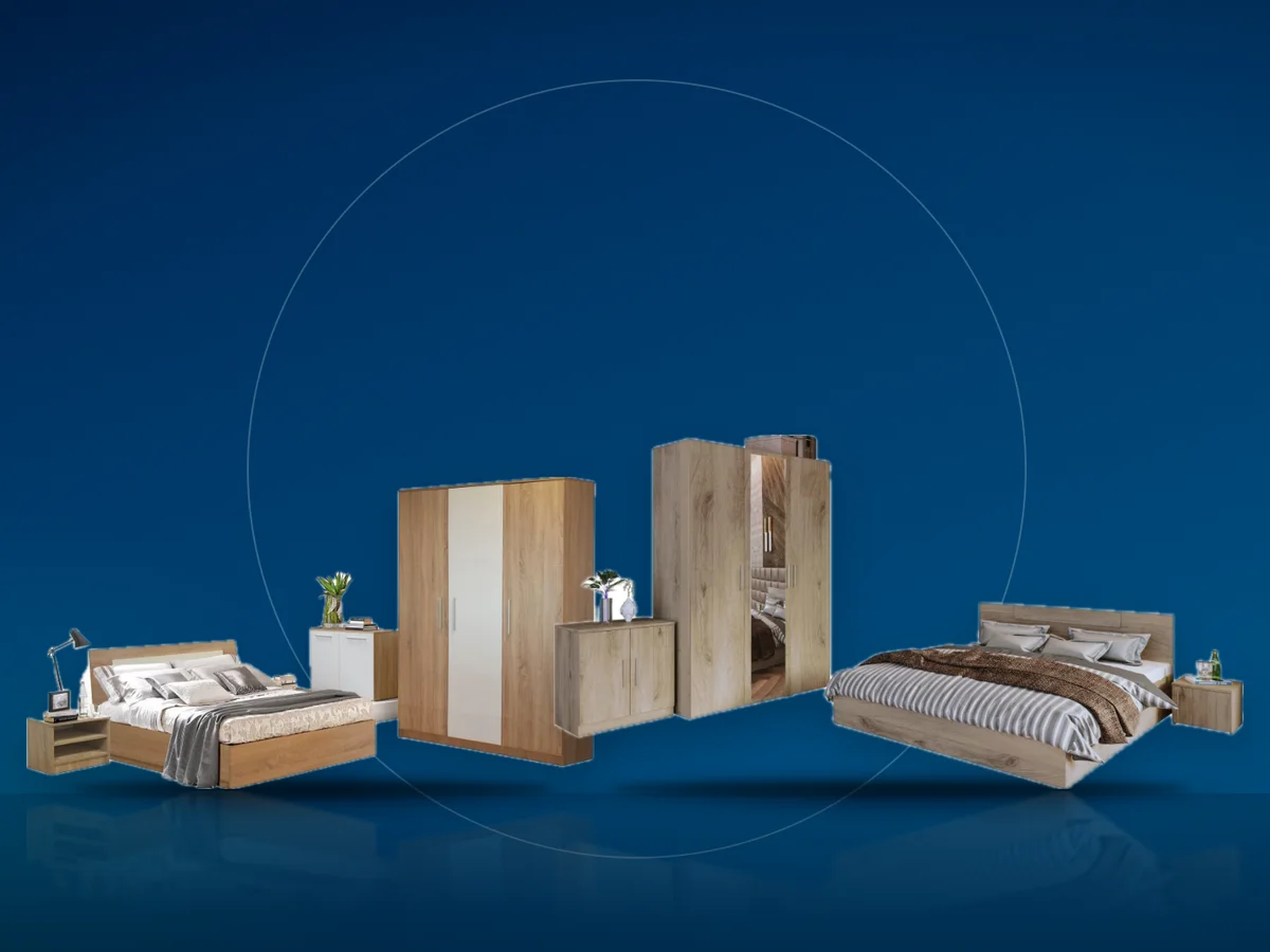 Set de mobila de dormitor cu pat matrimonial, noptiere si dulap cu trei usi