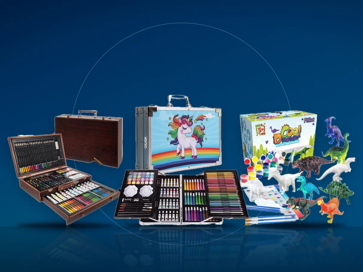 Trusa de pictura Likesmart din lemn, set Galaxia in cutie metalica si figurine de dinozauri Pitikot