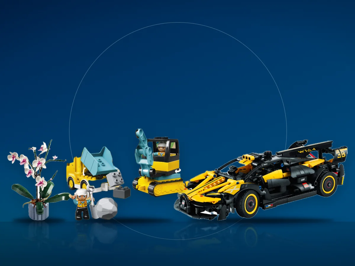 LEGO Icons Orhidee, LEGO DUPLO camion si excavator si LEGO Technic Bolid Bugatti galben cu negru