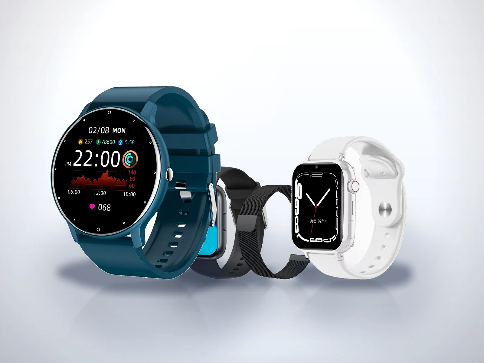 Trei smartwatch-uri: unul rotund bleumarin, unul negru cu bratara metalica si unul patrat alb