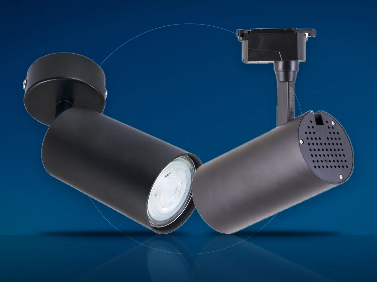 Spot LED pe sina directionabil si spot aplicat GU10 negru din aluminiu