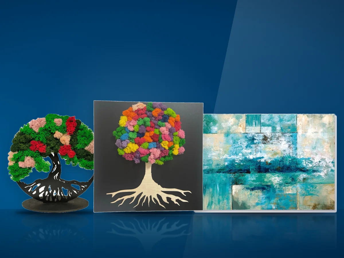 Trei tablouri decorative: doua rotunde cu licheni stabilizati si un canvas abstract