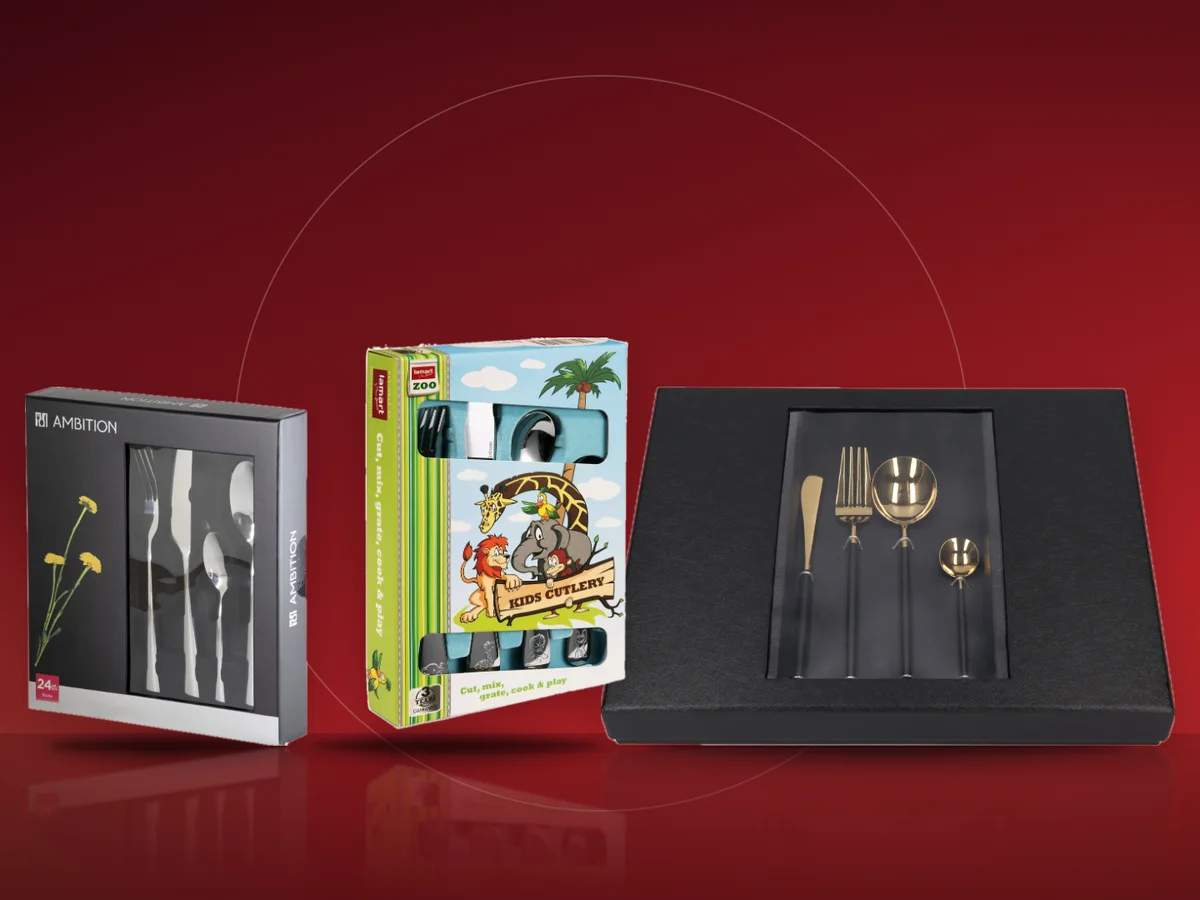 Set de tacamuri Ambition Siena din inox, set de tacamuri portugheze negru cu auriu si set de tacamuri pentru copii Lamart