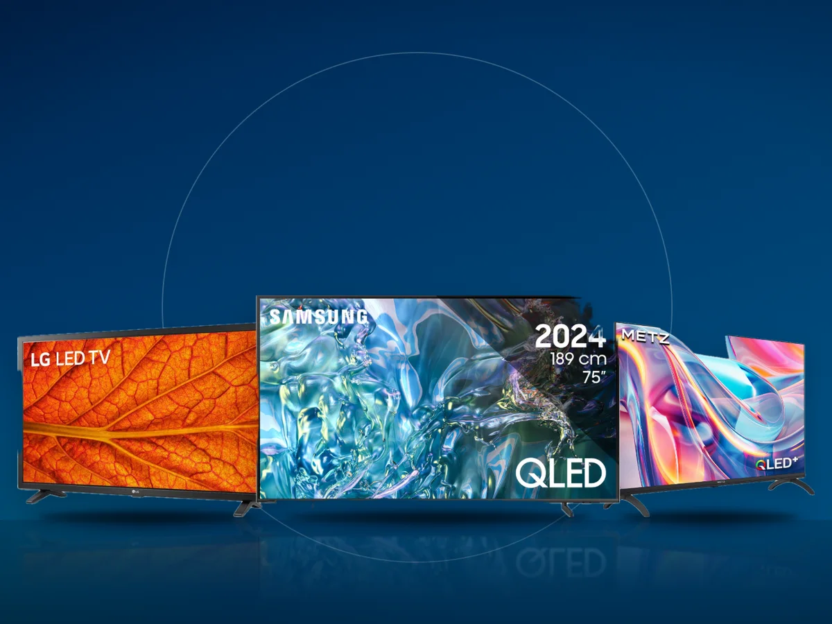 Trei televizoare smart: un Samsung QLED de 75 inch, un LG de 32 si un METZ QLED de 32