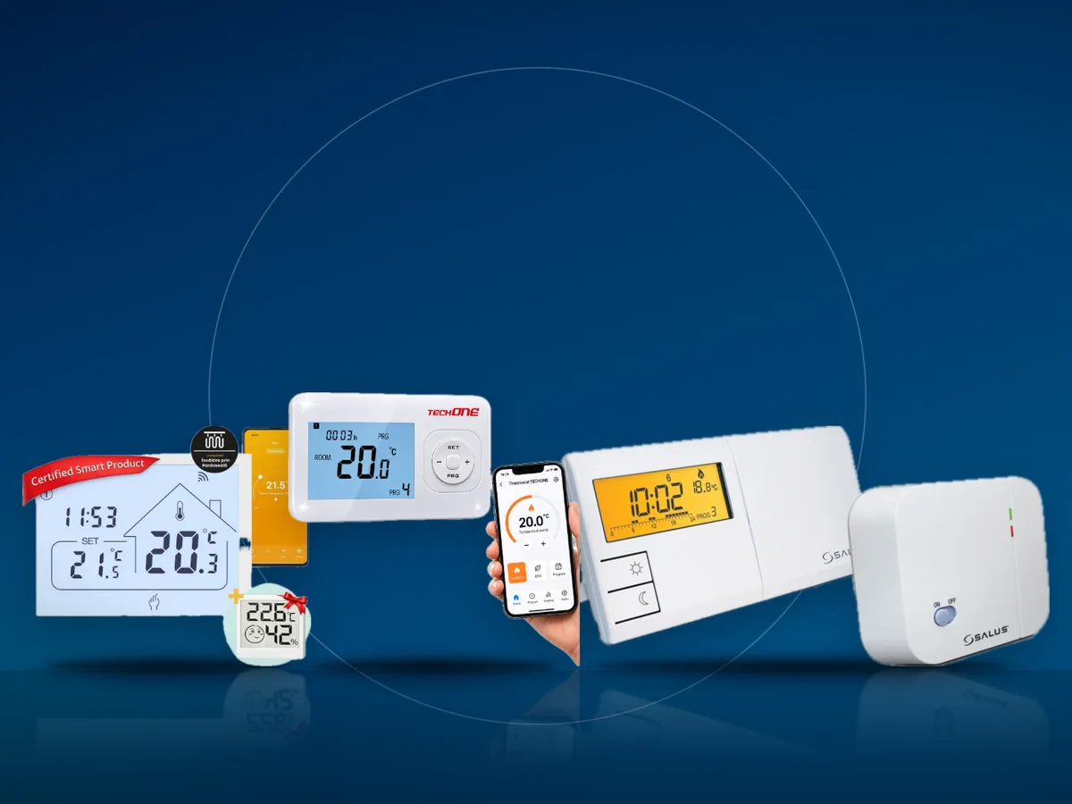 Trei termostate de ambient: unul alb cu ecran digital, unul patrat cu ecran tactil si unul cu receptor separat