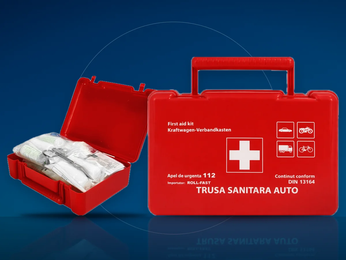 Trusa medicala auto Roll Fast omologata DIN 13164, deschisa si inchisa