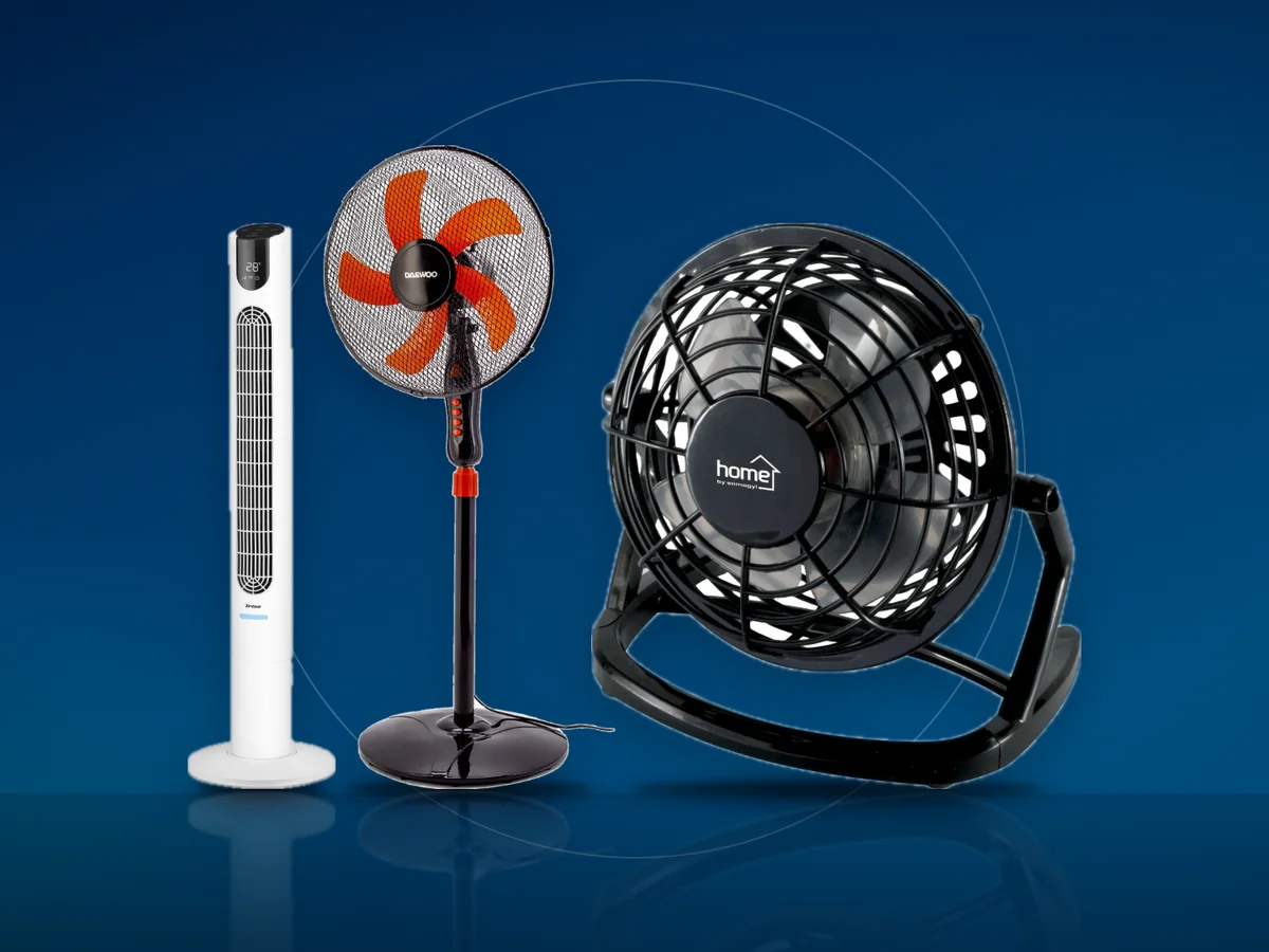 Trei ventilatoare: unul cu picior Daewoo, un ventilator turn si unul de birou