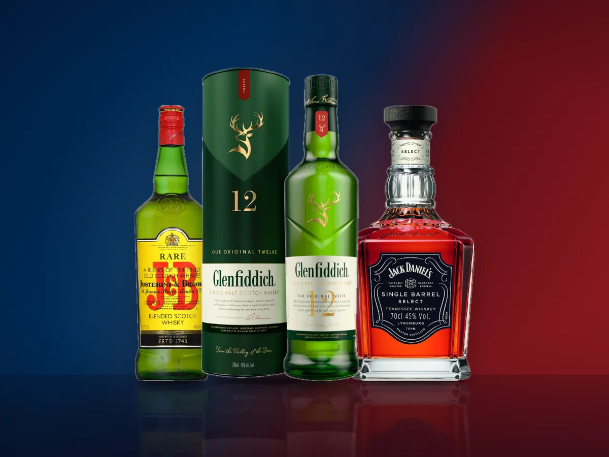 Trei sticle de whisky: un single malt scotian in cutie, un blended de un litru si un Tennessee whiskey american